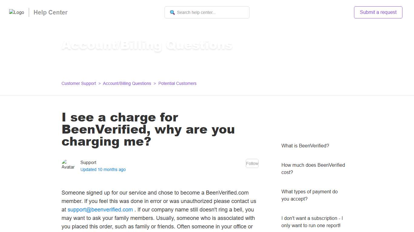 I see a charge for BeenVerified, why are you charging me? – Customer Support